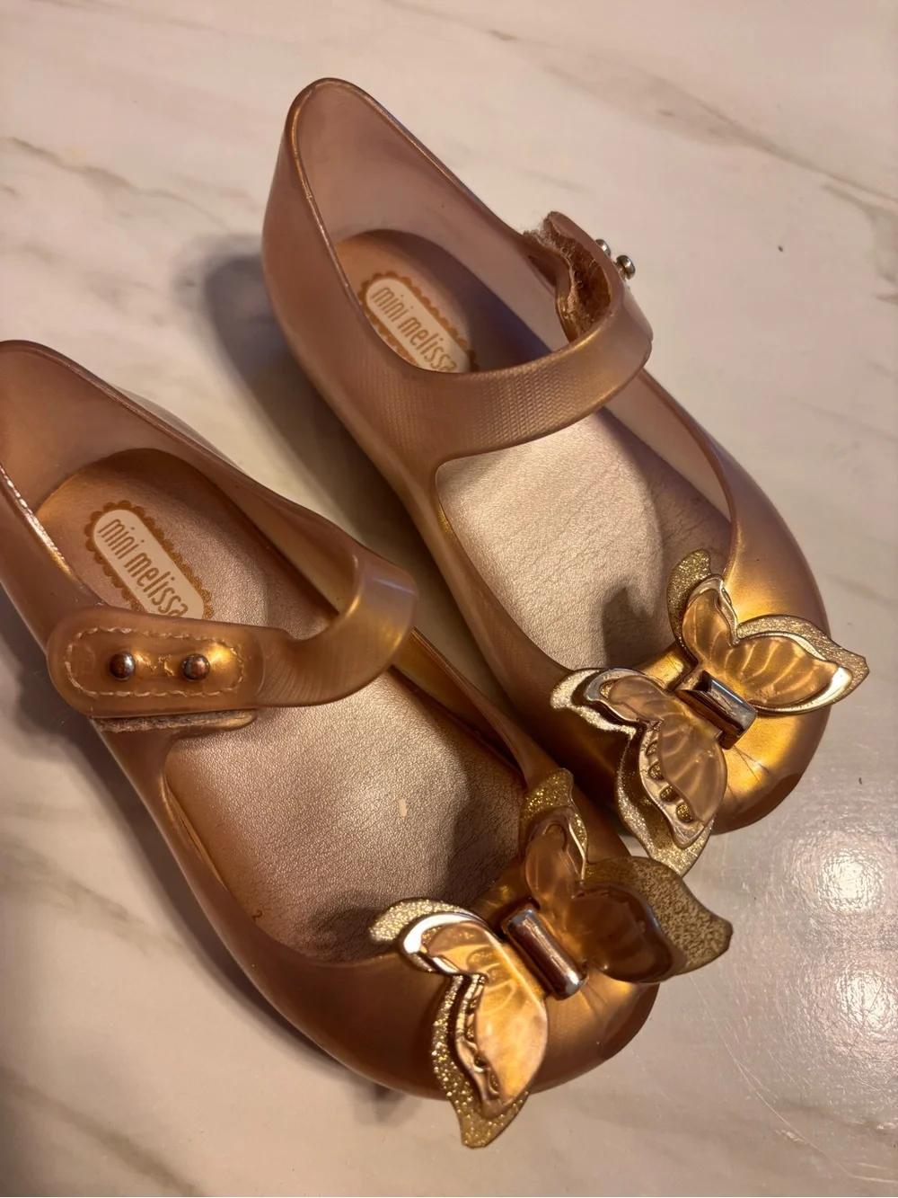 Mini Melissa Girls Size 8 Gold Butterfly Mary Jane Jelly Shoes